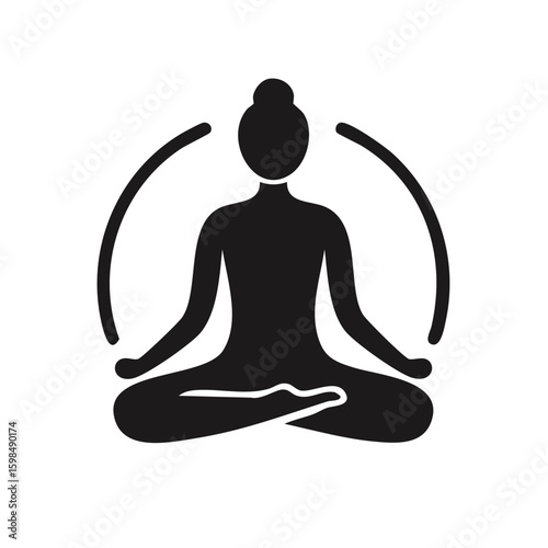Silhouette of a person meditating in lotus pose with circular energy lines; Wellness and mindfulness concept