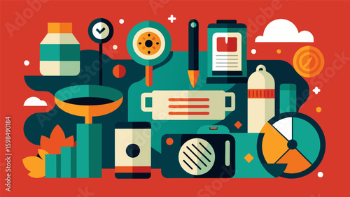 A mixed media piece incorporating found objects and personal mementos representing the different elements that make up ones daily life.. Vector illustration