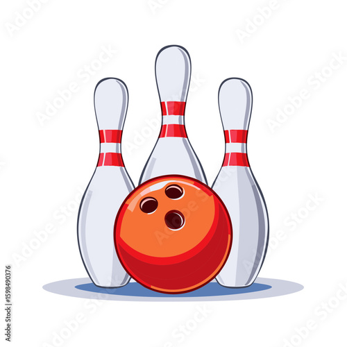 Bowling setup with pins and a orange ball ready for a strike in a game competition.
