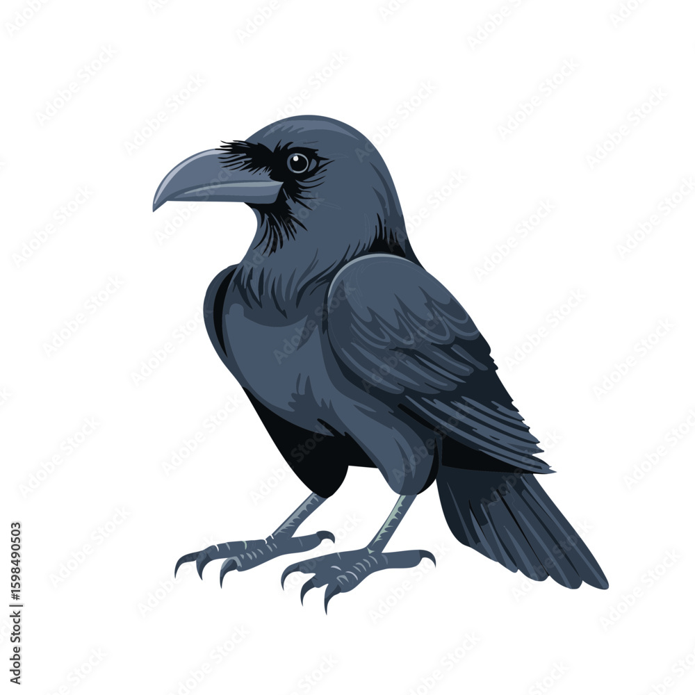 Fototapeta premium Illustration of a Perched Gray Raven Bird with Intricate Feather Details and Sharp Claws Against a Clean Plain Background