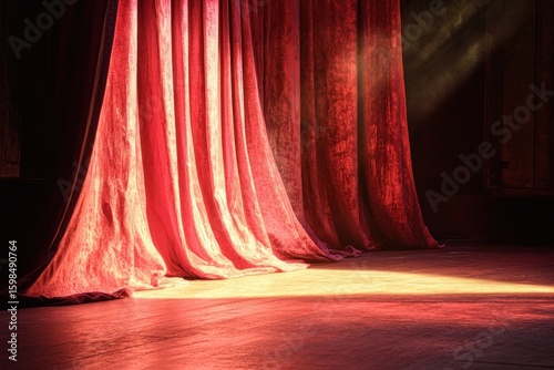 Rich red velvet stage curtains illuminated by dramatic spotlight on wooden floor