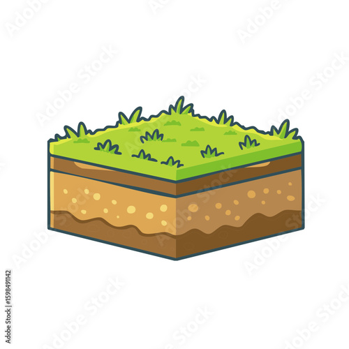 Cross Section of Earth Cube with Soil Layers and Green Grass Cartoon Style Illustration