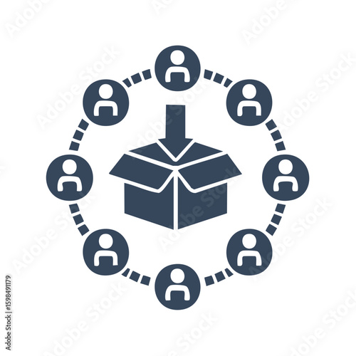 Crowdsourcing Icon with Open Box and Round Connected Users Vector Representation of Collaborative Input and Shared Participation