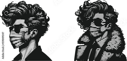  Monochrome lined engraving bundle featuring fashionable man with surgical mask, exaggerated voluminous hair, stylish portrait