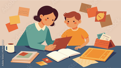 A mother and son pouring over old family letters and postcards carefully scanning and placing them into the scrapbook.. Vector illustration