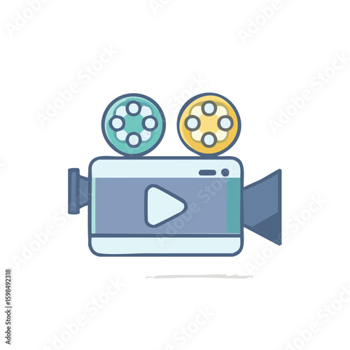 Stylized film camera illustration with reels and play button for cinema concept or moviemaking media