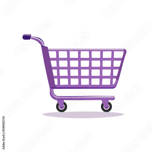 Side view of a vivid purple shopping cart with lattice basket on wheels, simple design illustration against clean backdrop