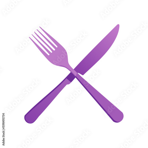 Minimalist purple fork and knife crossed over each other in simplistic vector illustration style creating dining or eating concept