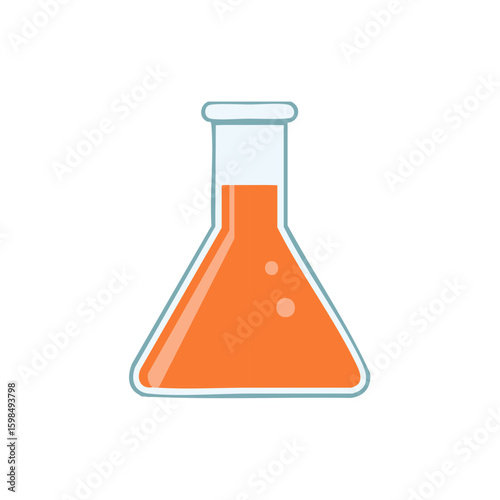 Erlenmeyer flask containing orange chemical liquid, cartoon lab glassware for science or education concept.
