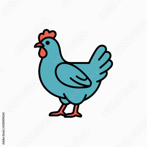 Cartoon blue chicken standing isolated on white background