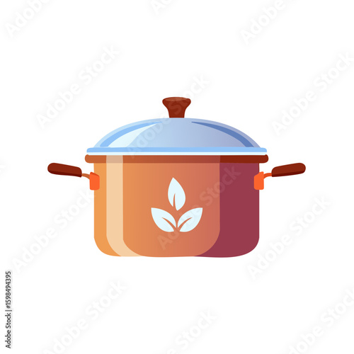 Cartoon pot with lid, kitchen utensil for cooking with leaf design, saucepan, catering tool