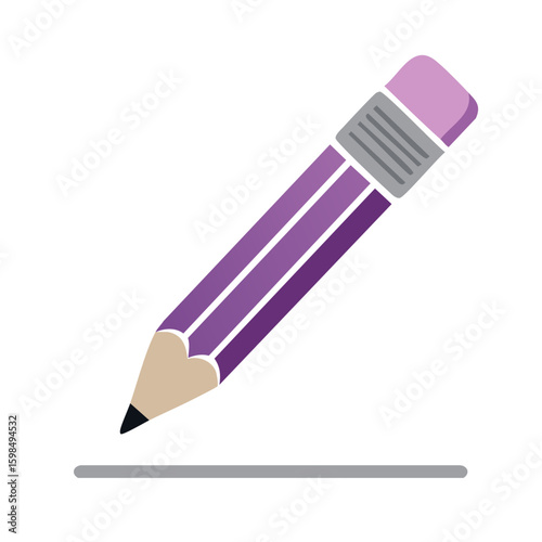 Pencil writing a straight gray line with a purple barrel and eraser, depicting drawing writing and education