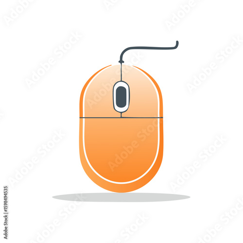 Orange Computer Mouse with Cord - Modern Gadget, Peripherals, Vector Illustration