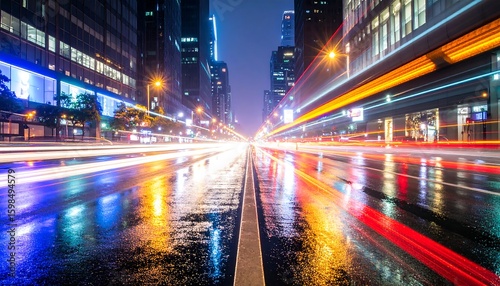 Fototapeta Naklejka Na Ścianę i Meble -  Night city street, wet asphalt, blurred car lights (2)