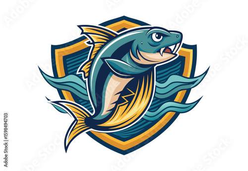 Vintage catfish fish emblem t-shirt design jumping fish in wave vector elements clipart