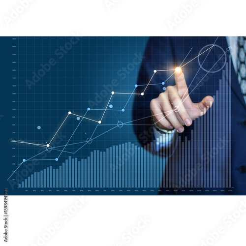 A hand interacts with a holographic bar graph showing upward trending growth, symbolized by a glowing arrow