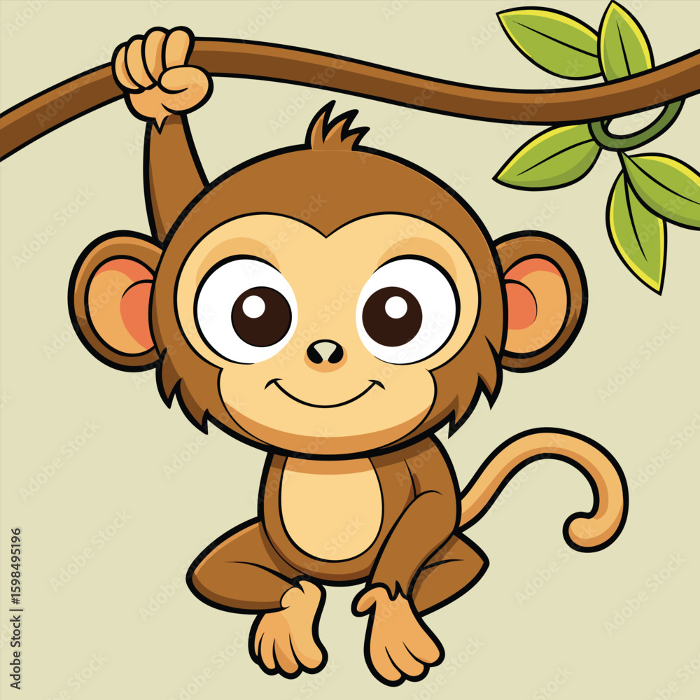Obraz premium Adorable Cartoon Monkey Character Hanging Upside Down from a Vine Featuring Playful Design Elements and Vibrant Colors Perfect for Children s Illustrations and Animated Projects