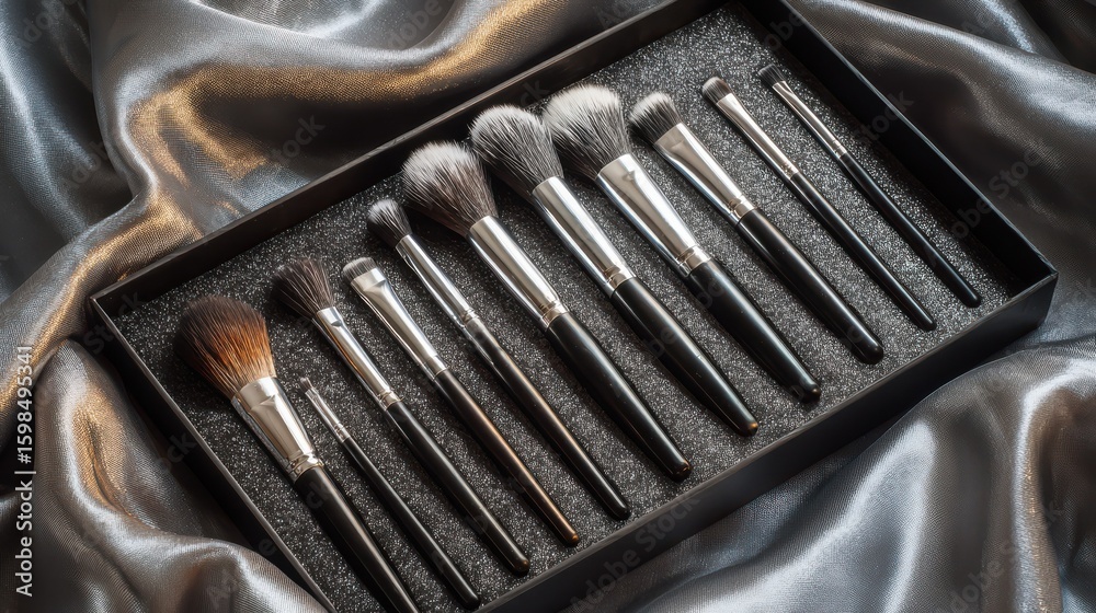 Fototapeta premium Luxurious makeup brushes arranged elegantly in sleek box on satin fabric. soft bristles and stylish design create sophisticated look, perfect for beauty enthusiasts