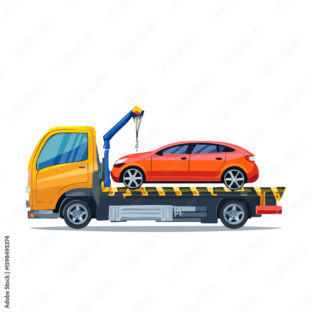 Naklejka premium Tow Truck Transports a Modern Sedan Vehicle; Orange Car on Carrier Bed for Salvage or Recovery