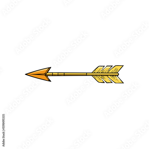 Vintage golden arrow illustration with pointed head and feathered fletching
