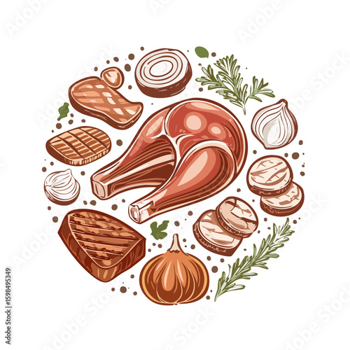 Assorted Grilled Meat and Vegetables in Circular Composition Meat Dish Illustration