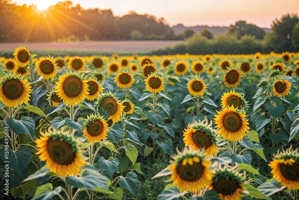 Obraz premium Golden Hour Serenity in a Colorful Sunflower Field Surrounded by Nature's Beauty