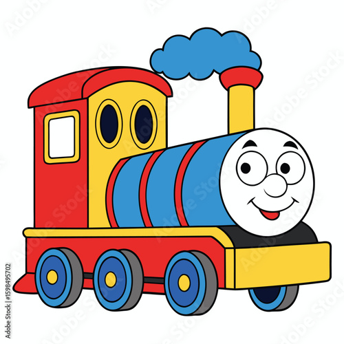 Cheerful Cartoon Train Engine with a Smiling Face A Vibrant Illustration Featuring Classic Locomotive Design Elements in a Playful and Appealing Style Perfect for Children