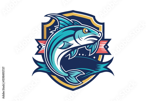 Neon tetra fish emblem vintage t-shirt design featuring jumping fish and wave vector illustration 