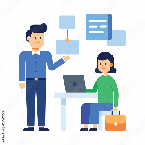 Manager introducing new hire to team during office tour isolated on white background