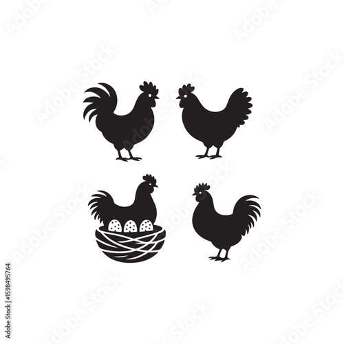 Simple Black and White Chicken and Rooster Silhouettes.Four stylized silhouettes of chickens and roosters, one hen sitting on eggs in a nest.