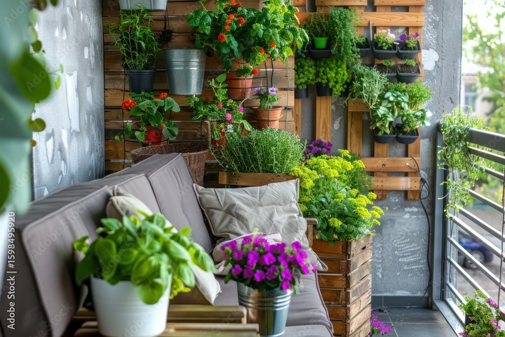 Fototapeta premium Urban balcony garden with vertical planters, compost bin, eco-decor, sunset light, cozy and sustainable living feel 