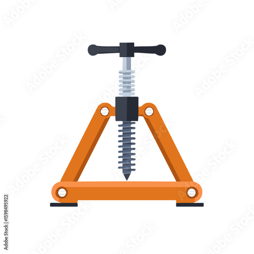 Metal clamp with screw for mechanical work, isolated tool for securing and pressing materials in workshops, cartoon style