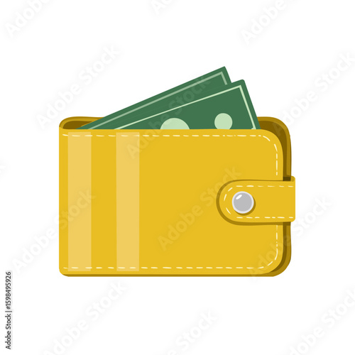 Yellow wallet full of money bills illustration, shows financial security, economy, savings, and financial investments in flat design.