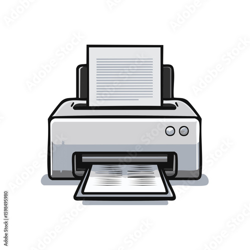 Illustration of a modern printer dispensing documents; depicting printing process, technology, office automation, and paperwork