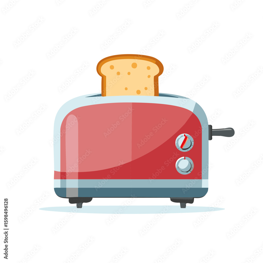 Fototapeta premium Red Toaster with Bread Slice Ready for Breakfast Toast Vector Illustration