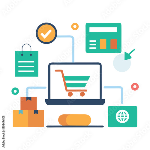 Online shopping checkout process with payment steps isolated on white background