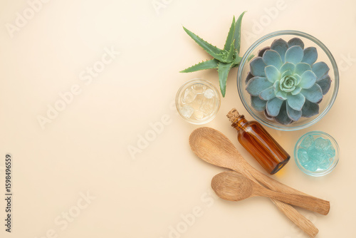 Wallpaper Mural Top view of flat lay spa accessories with aloe vera, succulent, wooden spoon, glass jar, essential oil, and soothing gel on beige background, creating calm and relaxing atmosphere Torontodigital.ca