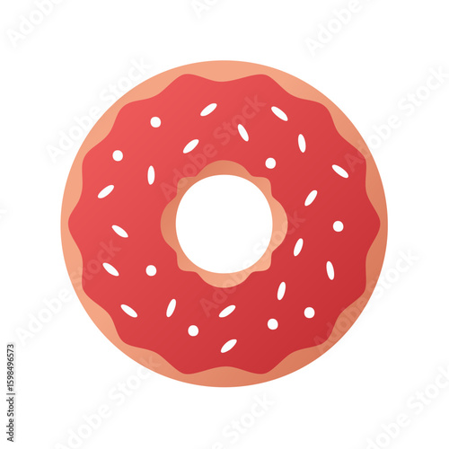 Flat lay of a red donut with sprinkles, a sweet baked treat with a hole in the middle and red frosting