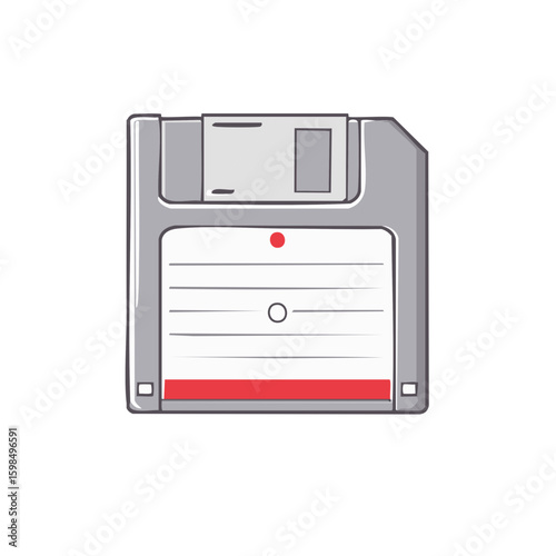 Illustration of a Floppy Disk, Vintage Storage Technology Concept in Grey and Red