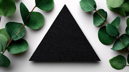 Black triangle contrasts with fresh eucalyptus leaves, a modern botanical 