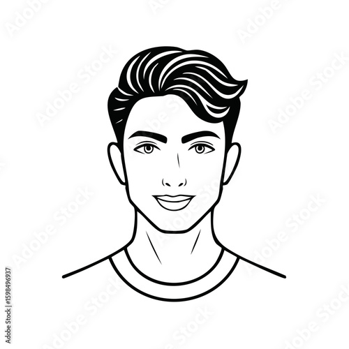 Portrait of a young man. Black and white drawing, male face with stylish hair, outlined illustration, line art.