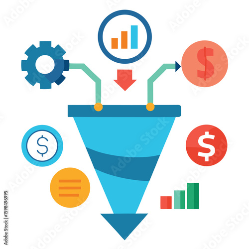 Sales funnel optimization process with leads and conversions isolated on white background