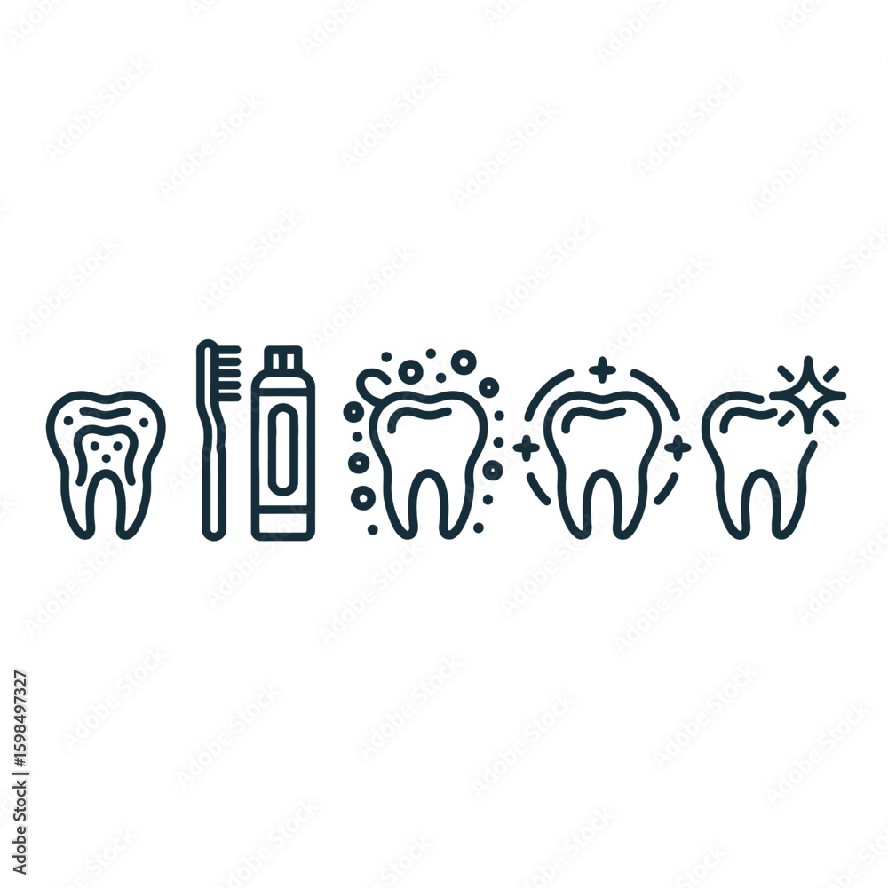 Obraz premium Dental hygiene progress icons showing clean teeth isolated on white background