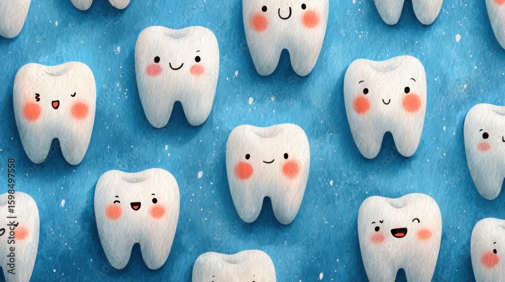 Colorful cartoon teeth with smiling faces are arranged against a bright blue background, promoting dental health and positivity. This playful design appeals to children and families. Colorful cartoon teeth with smiling faces are arranged against a bright blue background, promoting dental health and positivity. This playful design appeals to children and families.