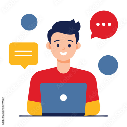 Social media manager responding to comments and messages isolated on white background