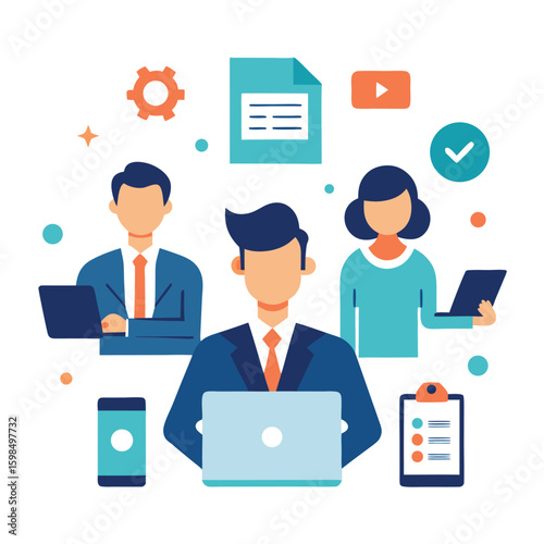 Business people collaborating on office productivity concept isolated on white background