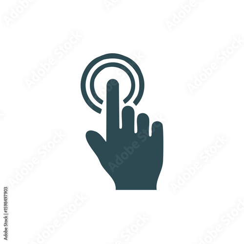 Finger touching a circle on a touchscreen, hand gesture interacts with user interface, pointer indicates touch motion