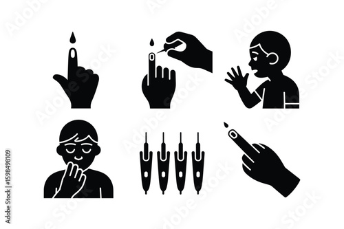 Blood glucose testing finger prick and meter icons lancet blood drop
