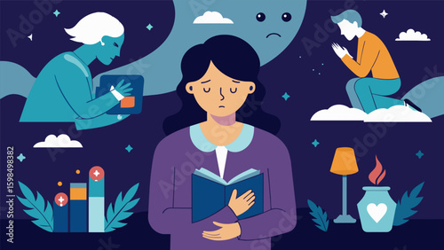 A graphic novel portraying a characters experiences with grief and loss using illustrations as a theutic outlet to process their emotions.. Vector illustration