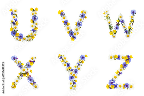 Floral letters U V W X Y Z made with colorful flowers  part 3